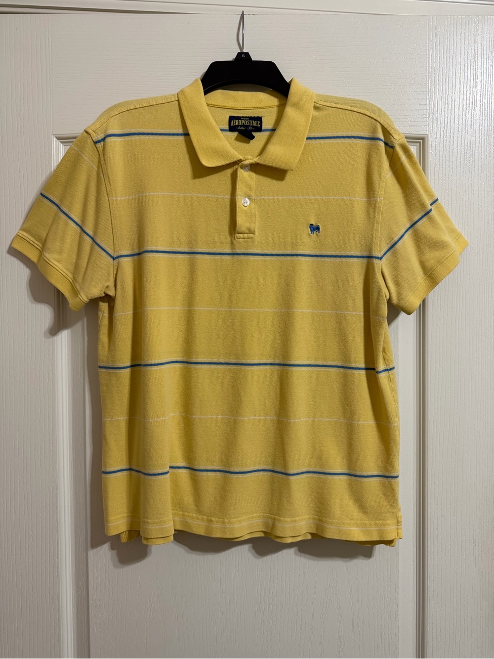 Guys Aeropostale Yellow Polo with Thin Blue & White Stripes